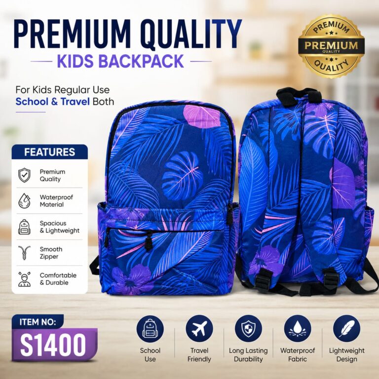 Premium Waterproof Kids Backpack (Blue Tropical Print) – Item No. S1400